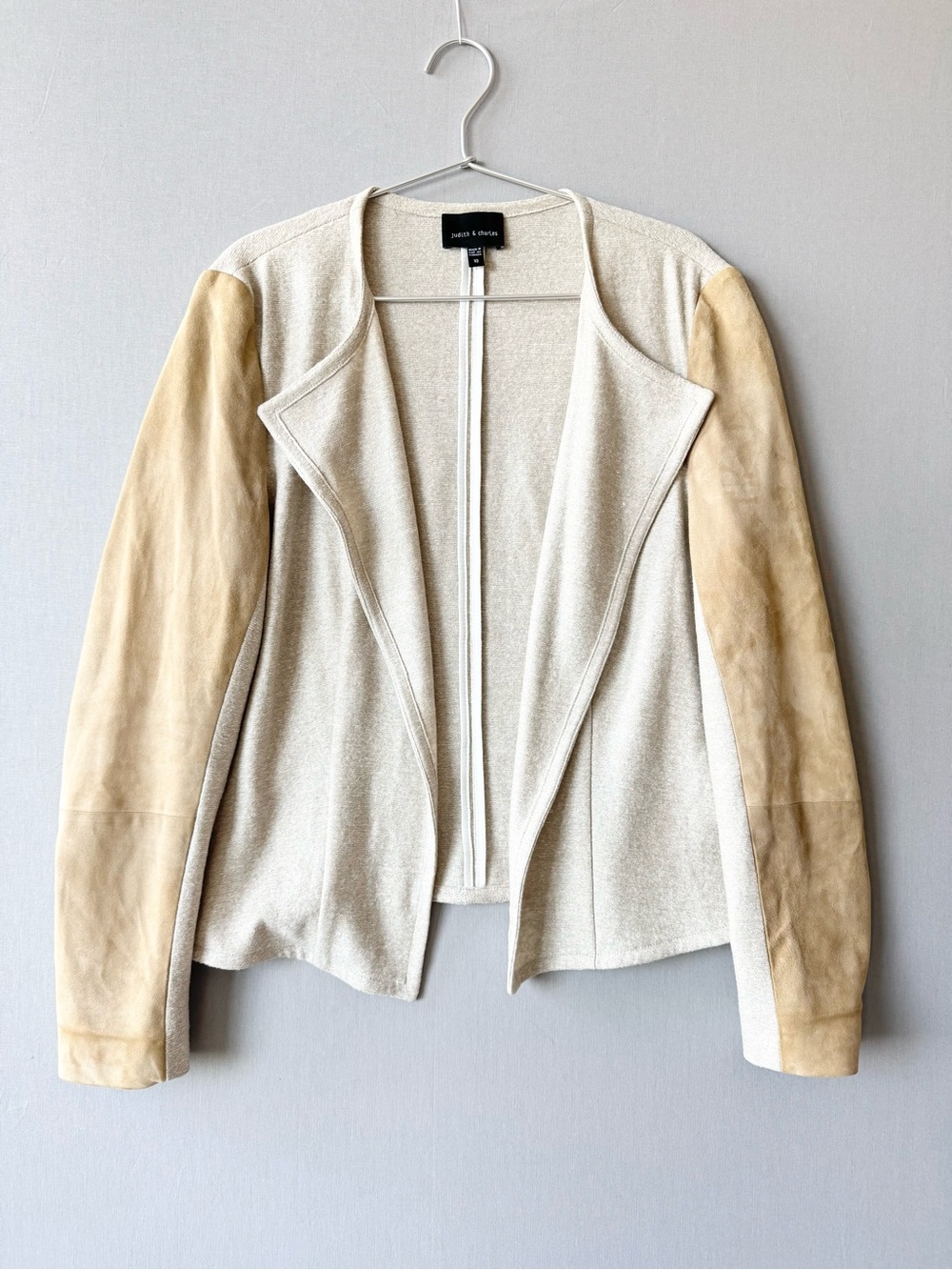 Judith & Charles Open-Front Oatmeal Cardigan Jacket with Suede Leather Sleeves